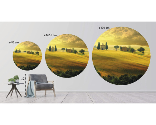 Trois décorations murales rondes représentant un paysage toscan de tailles 95 cm, 142,5 cm et 190 cm