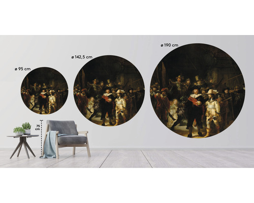 Drei Wandbilder mit dem Gemälde ''Die Nachtwache'' in den Größen 95 cm, 142,5 cm und 190 cm in einem Wohnzimmer