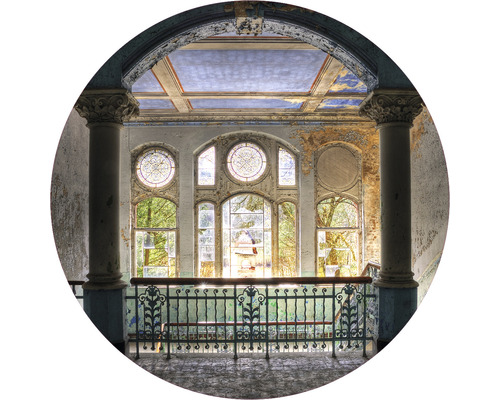 Papier peint panoramique intissé HRBC000055 Hôpital ancien 1 Ø 95 cm Vue intérieure d''un bâtiment abandonné avec fenêtres et colonnes