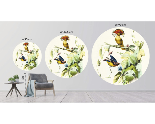 Différentes tailles d''une décoration murale ronde avec un motif d''oiseau dans une représentation de pièce