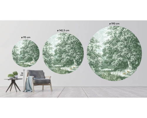 Illustration de trois décorations murales rondes avec des motifs de forêt et différents diamètres