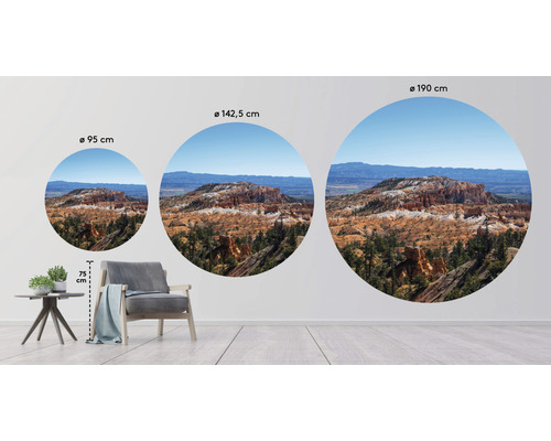 Drei runde Wandbilder mit Landschaftsmotiven in unterschiedlichen Größen über einem Sessel und einem Tisch