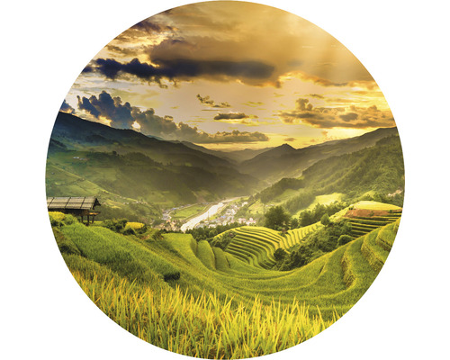 Papier peint panoramique intissé HRBC000083 Mu Chan Chai Vietnam Ø 95 cm Paysage avec rizières en terrasses, montagnes et ciel nuageux