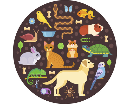 Papier peint panoramique intissé HRBC000087 Illustration animal Ø 95 cm Illustration de divers animaux de compagnie tels que chien, chat, oiseau, reptile et rongeur
