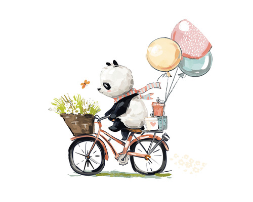 Papier peint panoramique intissé HRBC000091 Panda sur un vélo Ø 95 cm Illustration d''un panda sur un vélo avec un panier de fleurs et des ballons