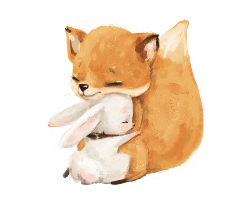 Papier peint panoramique intissé HRBC000092 Renard et lièvre Ø 95 cm Illustration d''un renard étreignant un lapin