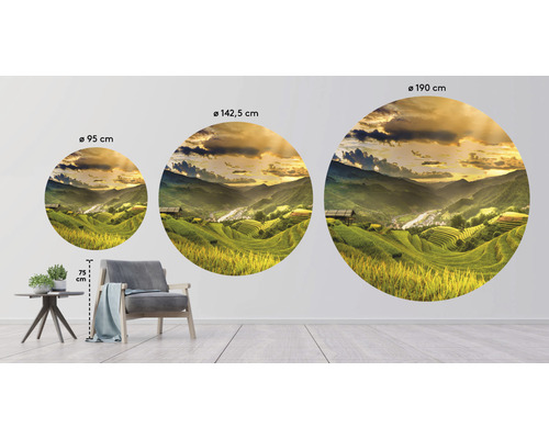 Trois stickers muraux ronds avec une représentation de paysage dans les tailles 95 cm, 142,5 cm et 190 cm