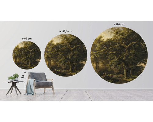 Drei Wandkreise mit Waldmotiv in unterschiedlichen Größen: 95 cm, 142,5 cm und 190 cm.