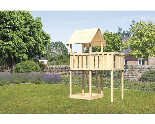 Karibu Kinderspielturm "Lotti" Satteldach SET aus nordischer Fichte, naturbelassen mit Anbau