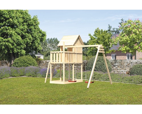 Cabane de jeux pour enfants Karibu « Frieda » KIT en épicéa du Nord, naturel avec balançoire simple