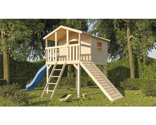 Cabane sur pilotis Karibu « Benjamin » SET en épicéa du Nord, naturel avec rampe en bois, toboggan 3 m bleu