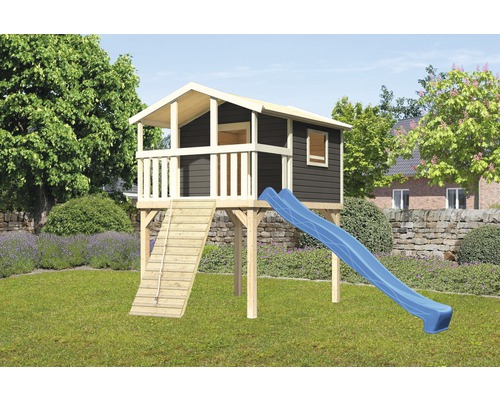 Cabane sur pilotis Karibu « Benjamin » SET en épicéa du Nord, gris terre cuite avec rampe en bois, toboggan 3 m bleu