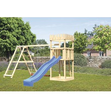 Spielturm mit Schaukel und Rutsche aus Holz im Garten