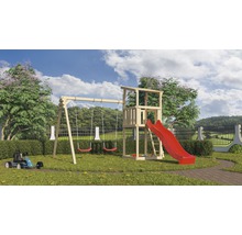 Spielplatz mit Schaukel, Rutsche und Spielturm im Garten