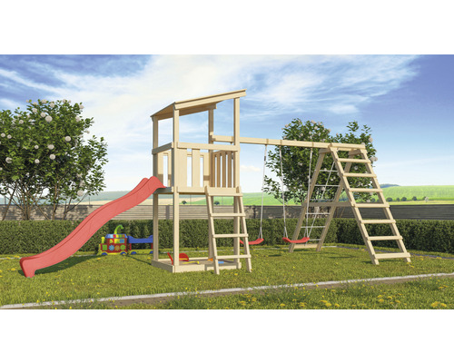 Cabane sur pilotis Jungle Gym Crazy XL en bois avec pont, bac à sable,  toboggan de couleur bleue - HORNBACH Luxembourg