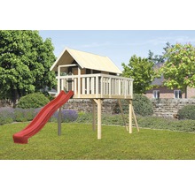 Holzspielhaus mit Rutsche und Leiter im Garten