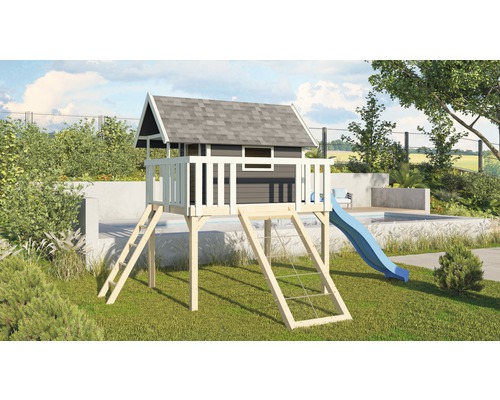 Cabane sur pilotis Karibu Fidel épicéa gris terre cuite avec toboggan ondulé 3 m bleu et rampe avec filet