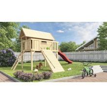 Karibu Stelzenhaus Fidel Fichte inkl. Wellenrutsche 3 m rot und Holzrampe