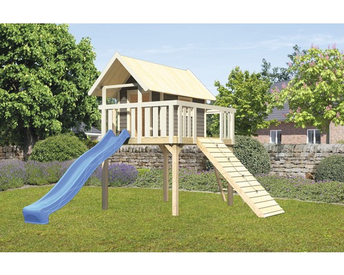 Cabane sur pilotis Karibu « Fidel » SET en épicéa du Nord, gris terre cuite avec toboggan ondulé 3 m bleu, rampe en bois