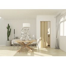 Intérieur clair avec table à manger, porte pliante et plante d''intérieur