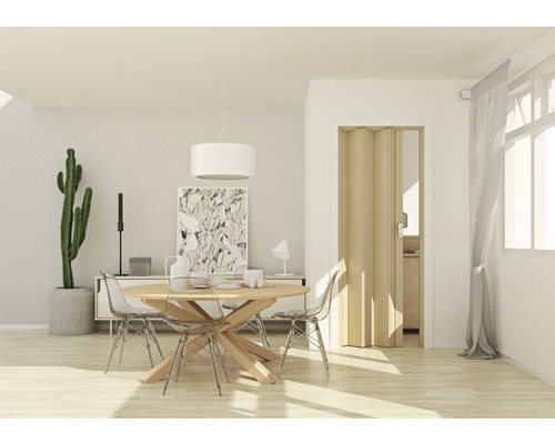 Intérieur clair avec table à manger, porte pliante et plante d''intérieur