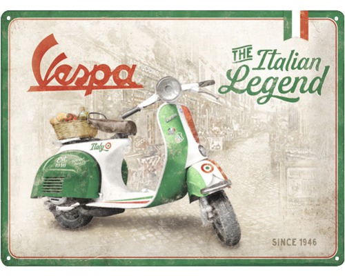 Metallschild mit Vespa Motiv, Aufschrift: The Italian Legend