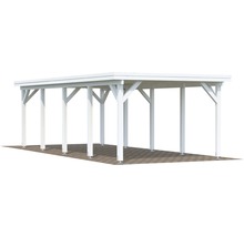 Weißer Carport aus Holz mit mehreren Säulen