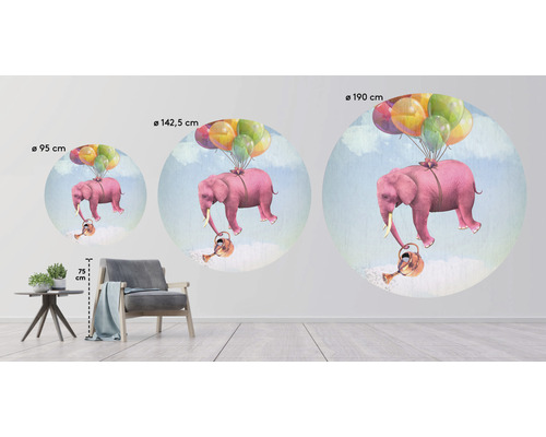 Sticker mural avec un éléphant volant avec des ballons, en différentes tailles
