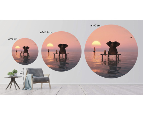 Trois décorations murales rondes avec un éléphant et un suricate sur un ponton dans la mer au coucher du soleil, tailles 95 cm, 142,5 cm et 190 cm.