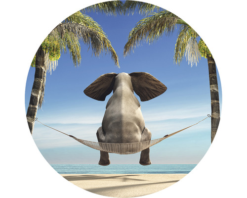 Papier peint panoramique intissé HRBC100019 Éléphant dans un hamac Ø 142,5 cm Image décorative d''un éléphant dans un hamac entre des palmiers sur la plage