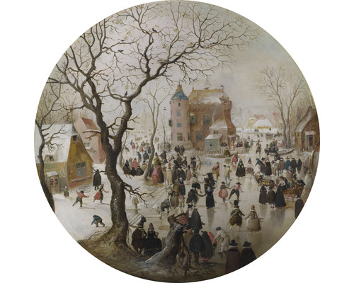 Papier peint panoramique intissé HRBC100042 Hendrick Avercamp Paysage d'hiver Ø 142,5 cm Peinture historique d''un paysage hivernal avec des patineurs devant une ville