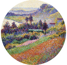 Peinture d''un paysage de style pointilliste avec des arbres et des collines