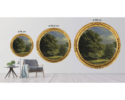 Drei runde Landschaftsgemälde mit goldenen Rahmen in den Größen 95 cm, 142,5 cm und 190 cm