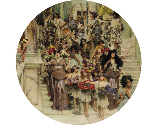 Papier peint panoramique intissé HRBC100052 Lawrence Alma Tadema Le Printemps Ø 142,5 cm Peinture d''une procession de personnes avec des fleurs et des instruments de musique.