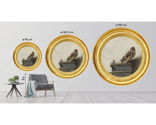 Trois tableaux ronds avec motif d''oiseau dans des cadres dorés, différentes tailles comme décoration murale