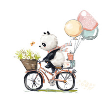 Illustration eines Pandas auf einem Fahrrad mit Blumen und Ballons