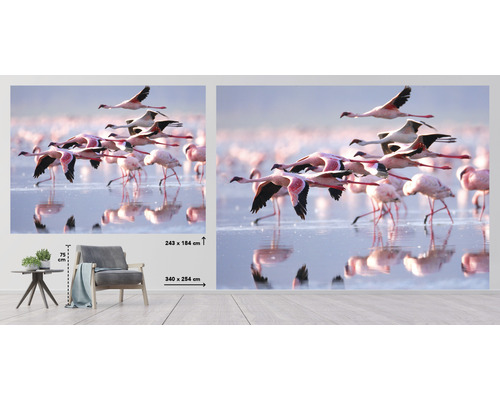 Fototapete mit Flamingos im Flug über einem See