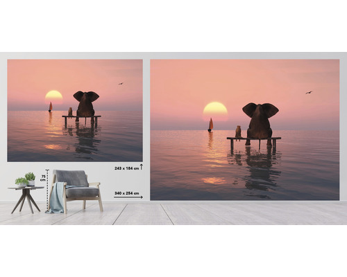 Papier peint photo avec un éléphant et un ours assis sur un quai donnant sur la mer