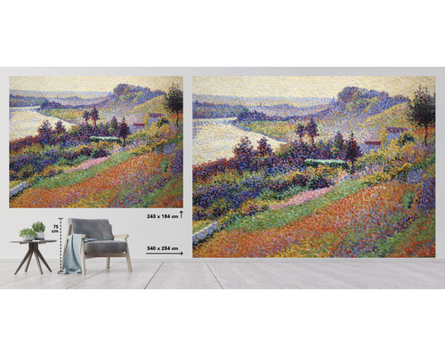 Wandbild mit Landschaftsmotiv im Stil des Pointillismus, Größenangaben 243 x 184 Zentimeter und 340 x 254 Zentimeter