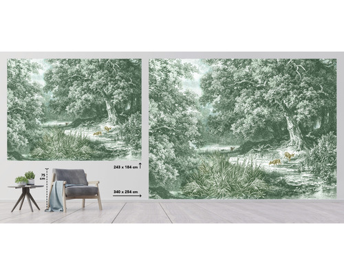 Papier peint photo avec paysage forestier, animaux et ruisseau