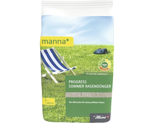 Engrais pour gazon d'été Manna Progress 5 kg 200 m² Emballage d''engrais d''été pour gazon avec fond de pelouse