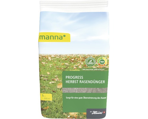 Engrais pour gazon d'automne Manna Progress 5 kg 200 m² Paquet d''engrais d''automne pour gazon Manna Progress, 5 kilogrammes pour 200 mètres carrés de pelouse, sans danger pour les animaux domestiques