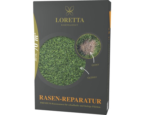 Semences de gazon Loretta réparation 1,1 kg 70 m² Loretta Réparation de gazon Semences de gazon Premium Emballage pour environ 70 mètres carrés de pelouse