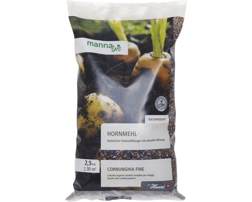 Farine de corne Manna Bio engrais organique 2,5 kg 30 m² Paquet de farine de corne, engrais organique azoté, 2,5 kilogrammes