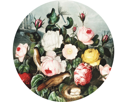 Papier peint panoramique intissé HRBC200076 Thornton fleurs + oiseau Ø 190 cm Illustration avec des roses, des oiseaux, un nid et une libellule