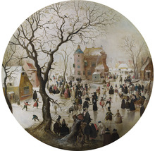 Gemälde einer Winterlandschaft mit Schlittschuhläufern