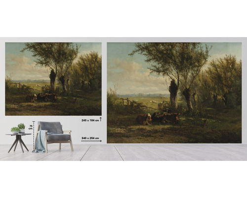 Peinture murale avec paysage, comprenant des vaches, des arbres et une clôture, disponible en deux tailles