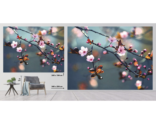 Papier peint photo avec motif de fleurs de cerisier dans la pièce, dimension 340 x 254 centimètres