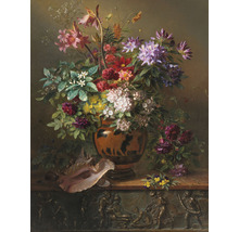 Peinture de nature morte avec arrangement floral dans un vase et un coquillage sur un socle