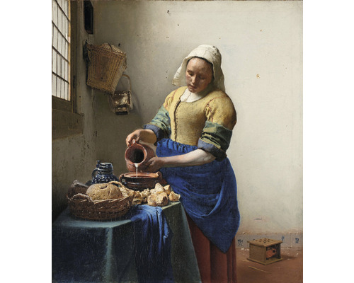 Papier peint panoramique intissé HRBP300026 Jan Vermeer La Laitière 5 pces 243 x 280 cm Peinture d''une femme versant du lait dans un bol, entourée de pain sur une table